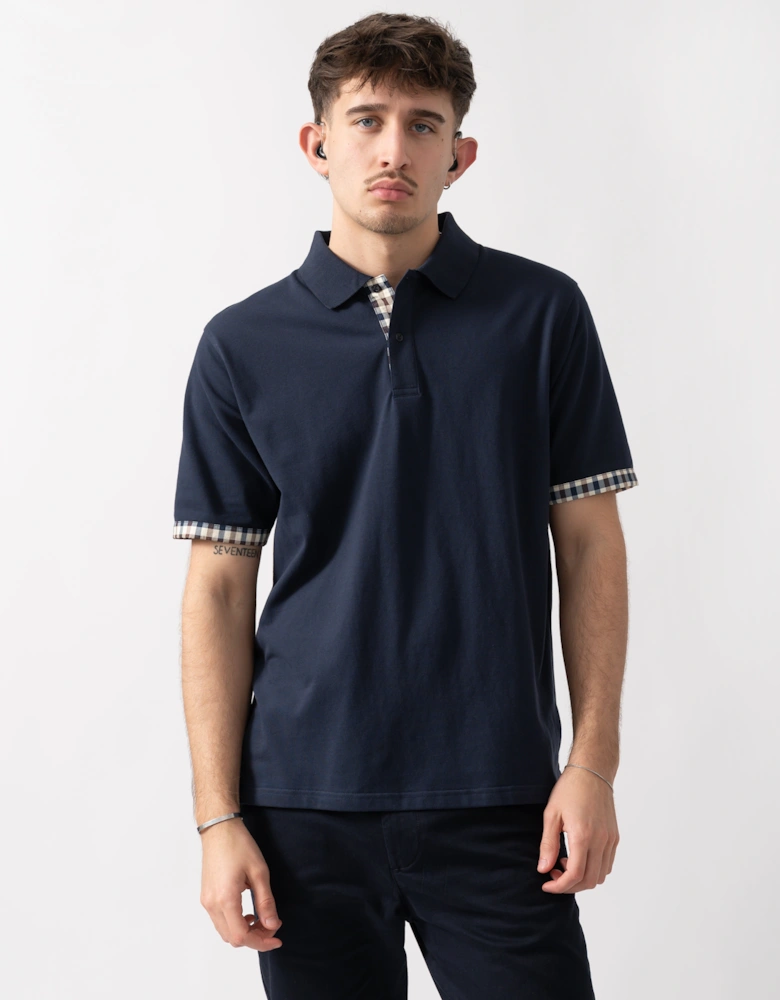 Aquascutum Mens Club Check Stretch Piquet Sleeves Polo Shirt - Navy 11