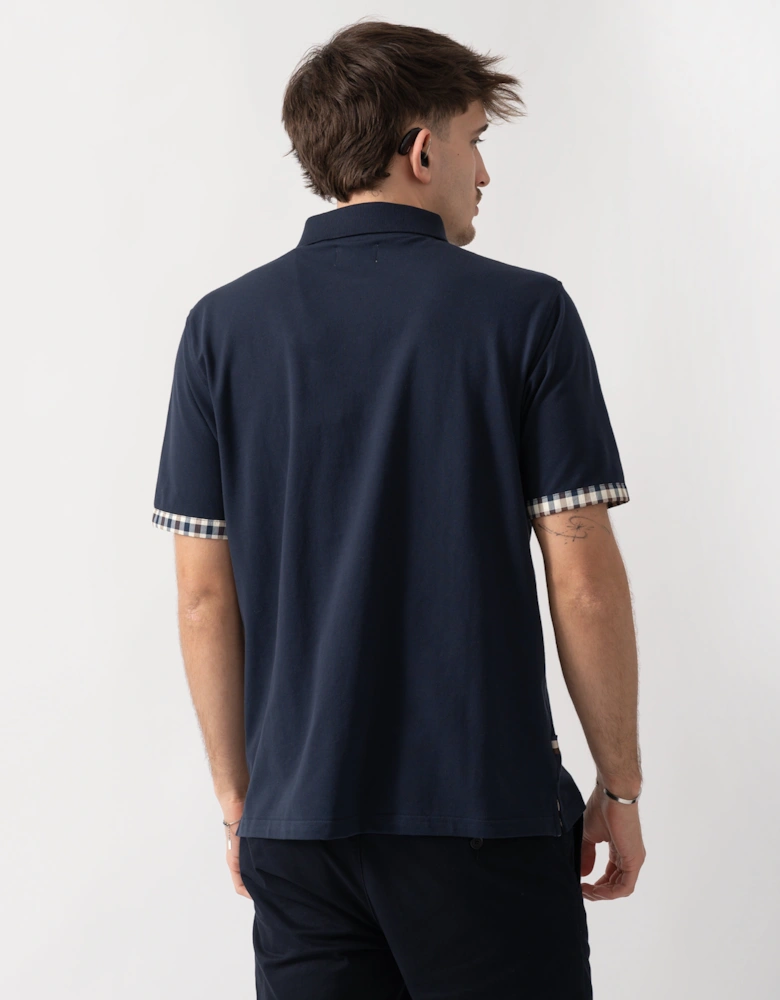 Aquascutum Mens Club Check Stretch Piquet Sleeves Polo Shirt - Navy 11