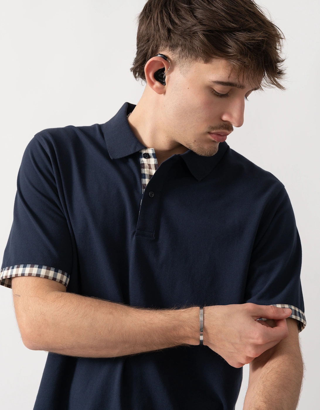 Aquascutum Mens Club Check Stretch Piquet Sleeves Polo Shirt - Navy 11