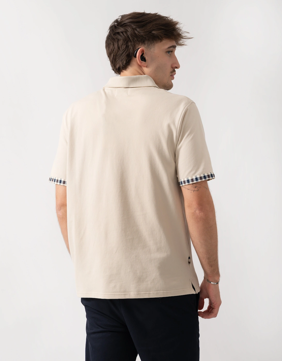 Aquascutum Mens Club Check Stretch Piquet Sleeves Polo Shirt - Beige 03