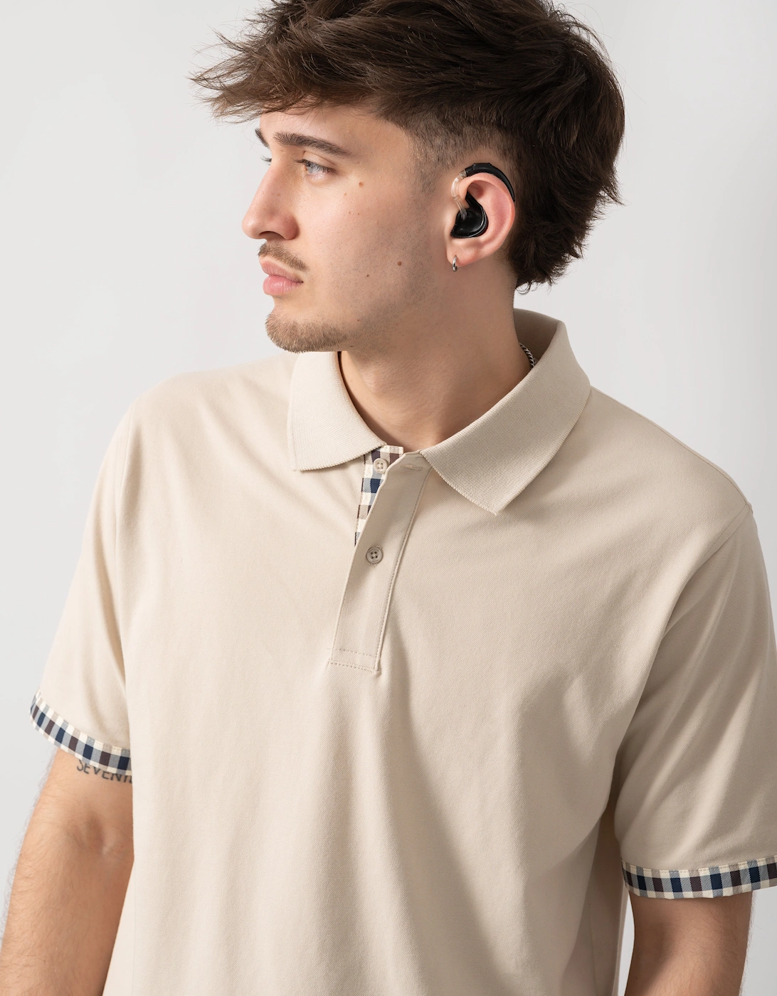 Aquascutum Mens Club Check Stretch Piquet Sleeves Polo Shirt - Beige 03