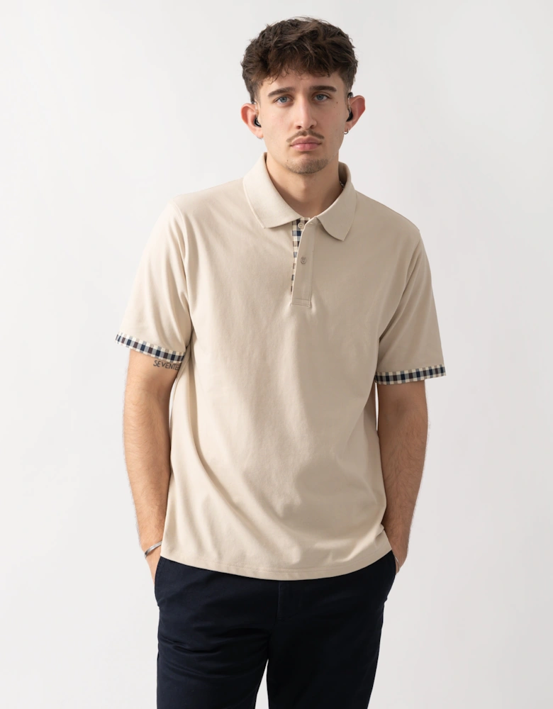 Aquascutum Mens Club Check Stretch Piquet Sleeves Polo Shirt - Beige 03