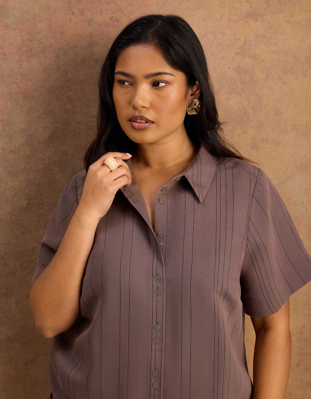 Brown Stripe Short Sleeve Shirt With Modal, 6 of 5