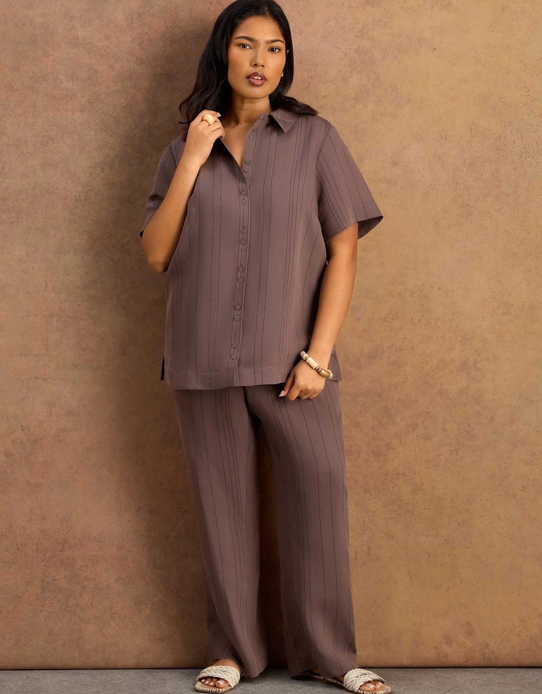 Brown Stripe Short Sleeve Shirt With Modal