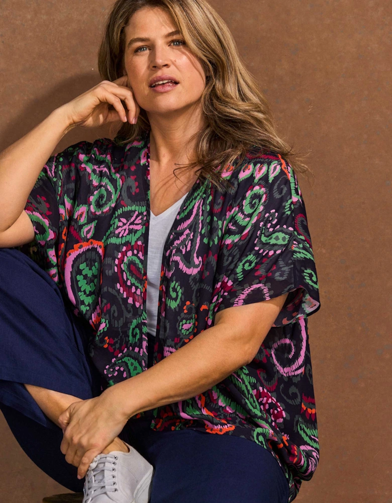 Black Paisley Print Batwing Cover Up