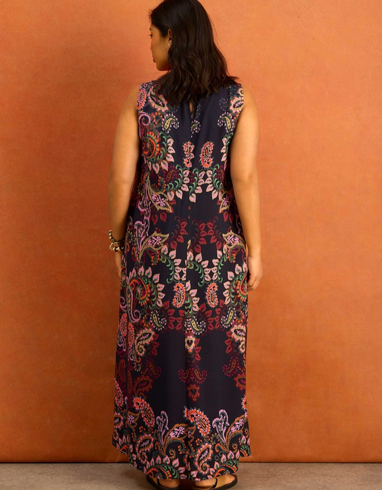 Navy Paisley Placement Print Maxi Dress