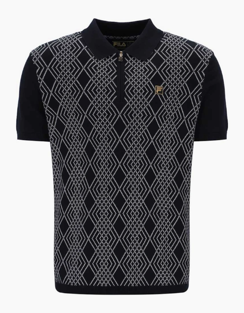 Fila Gold Castello Retro Jacquard Knitted Zip Neck Polo - Black