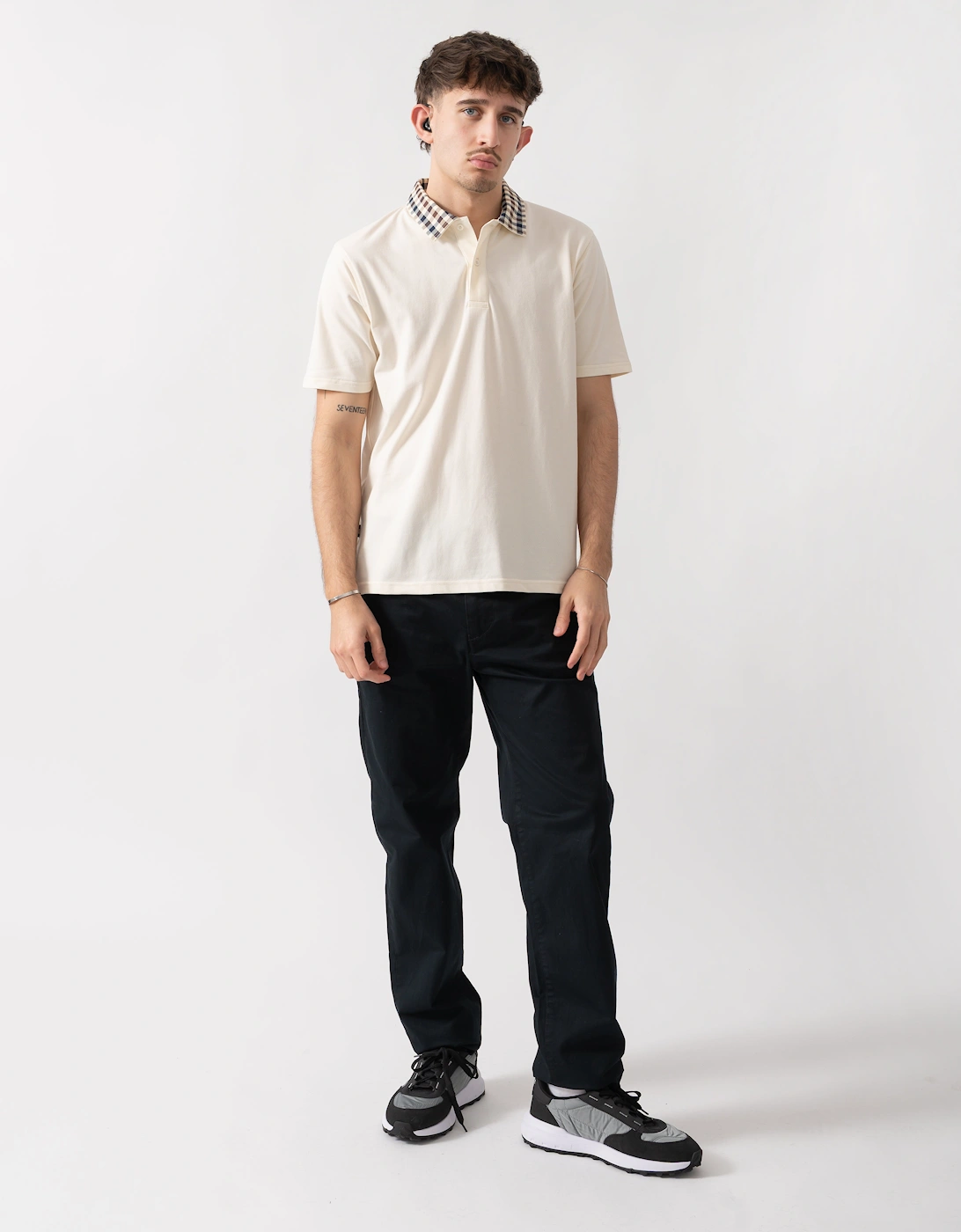Aquascutum Mens Club Check Collar Polo Shirt - Old White 02