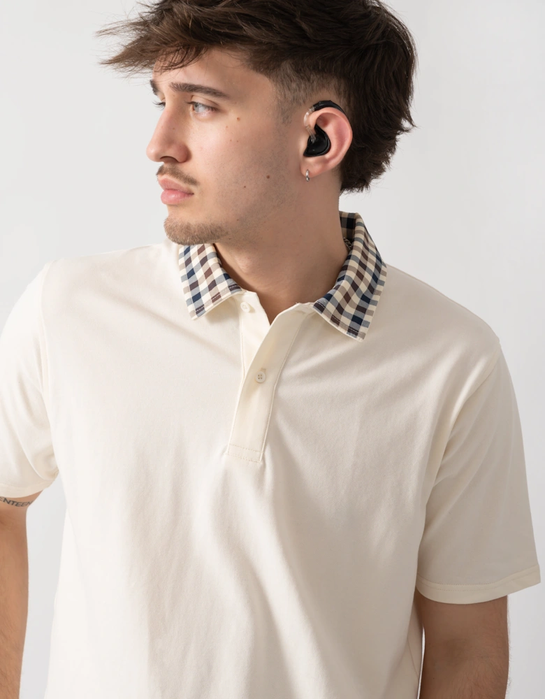Aquascutum Mens Club Check Collar Polo Shirt - Old White 02