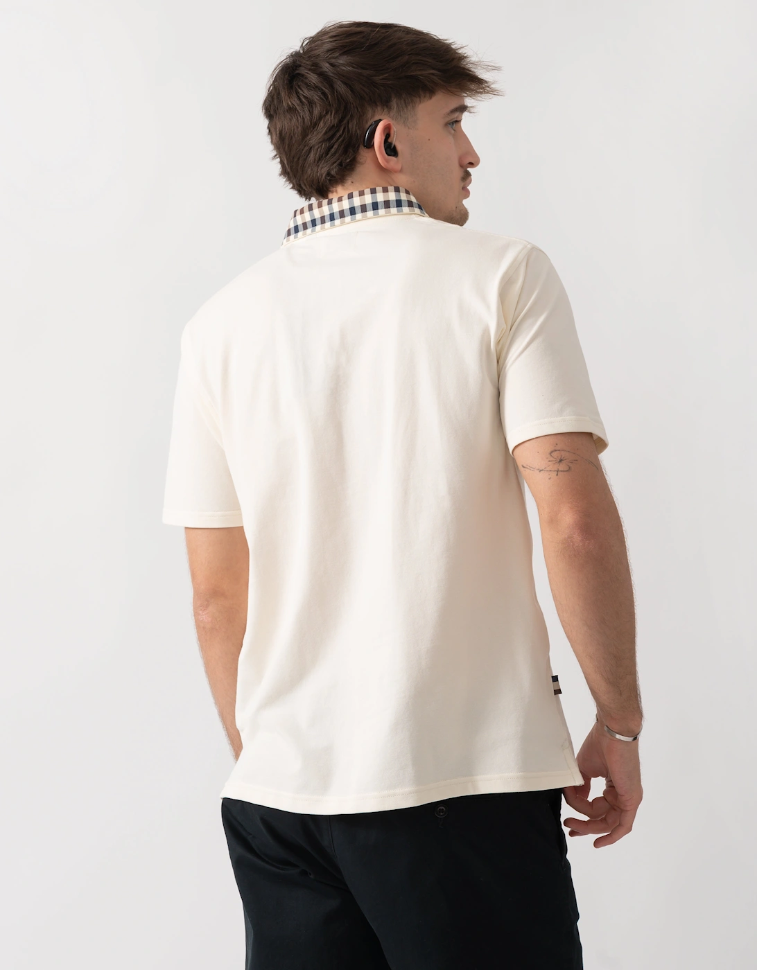 Aquascutum Mens Club Check Collar Polo Shirt - Old White 02