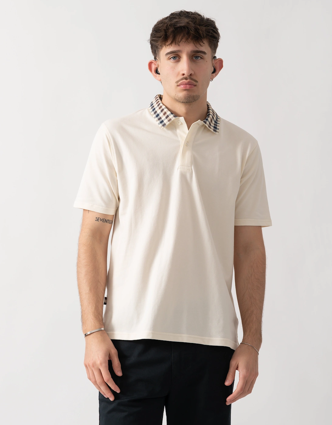 Aquascutum Mens Club Check Collar Polo Shirt - Old White 02, 5 of 4