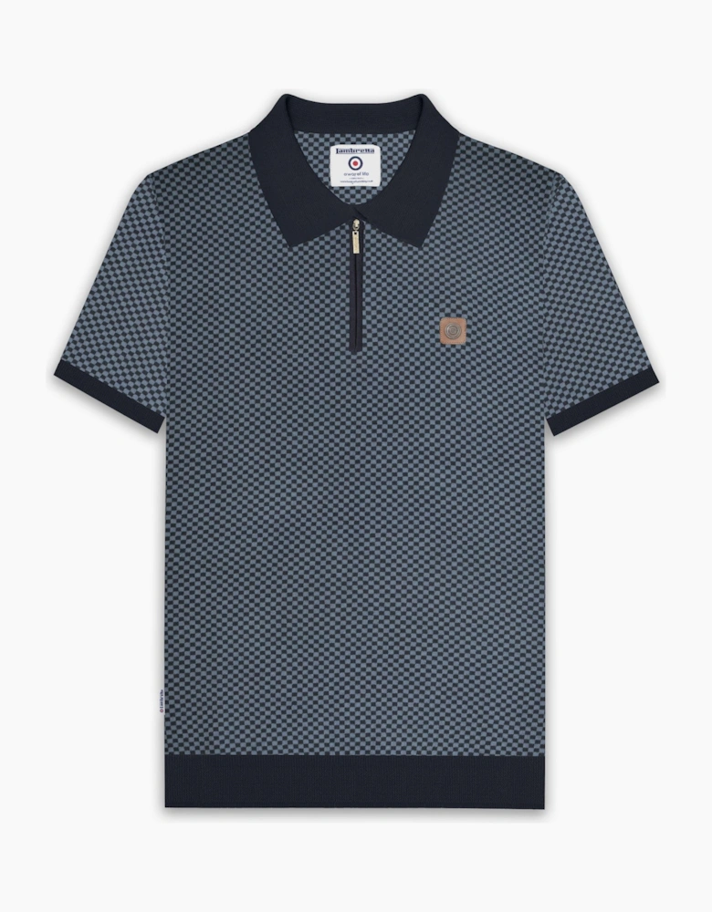 Lambretta Mens 1/4 Zip Check Knitted Short Sleeve Polo Shirt