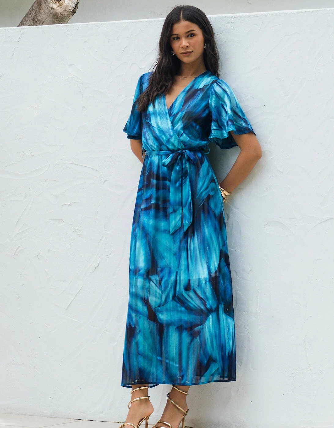 Gini London Women's Blue Tie Dye Print Wrap Midi Dress - Size 10