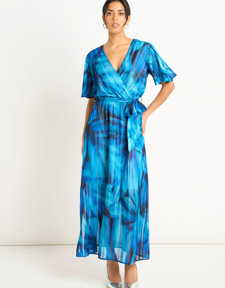 Blue Tie Dye Print Wrap Midi Dress