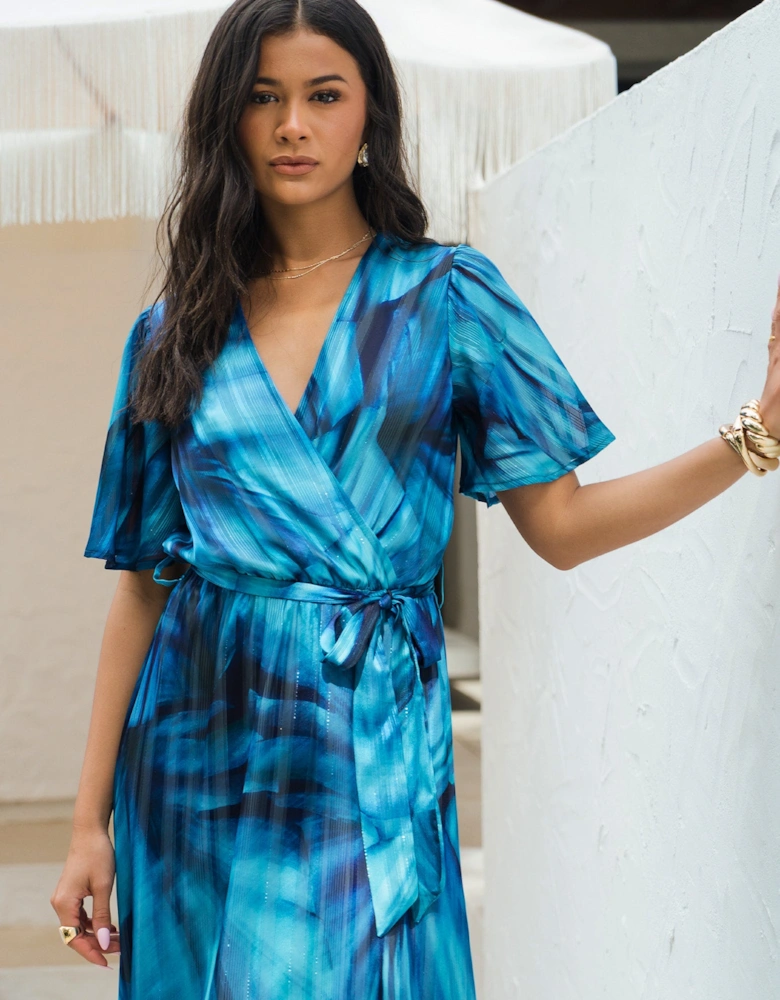 Blue Tie Dye Print Wrap Midi Dress