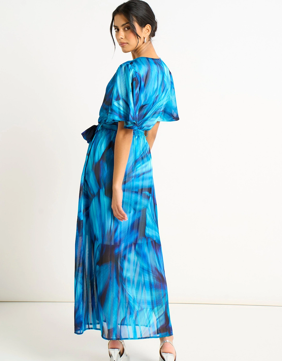 Blue Tie Dye Print Wrap Midi Dress