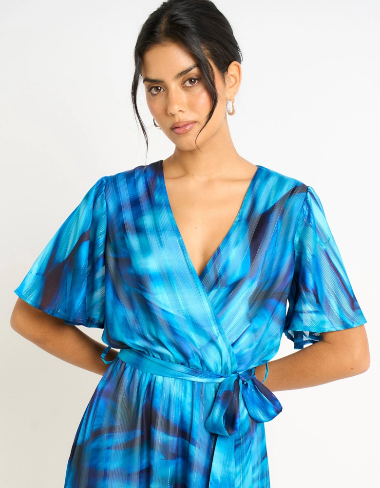 Blue Tie Dye Print Wrap Midi Dress