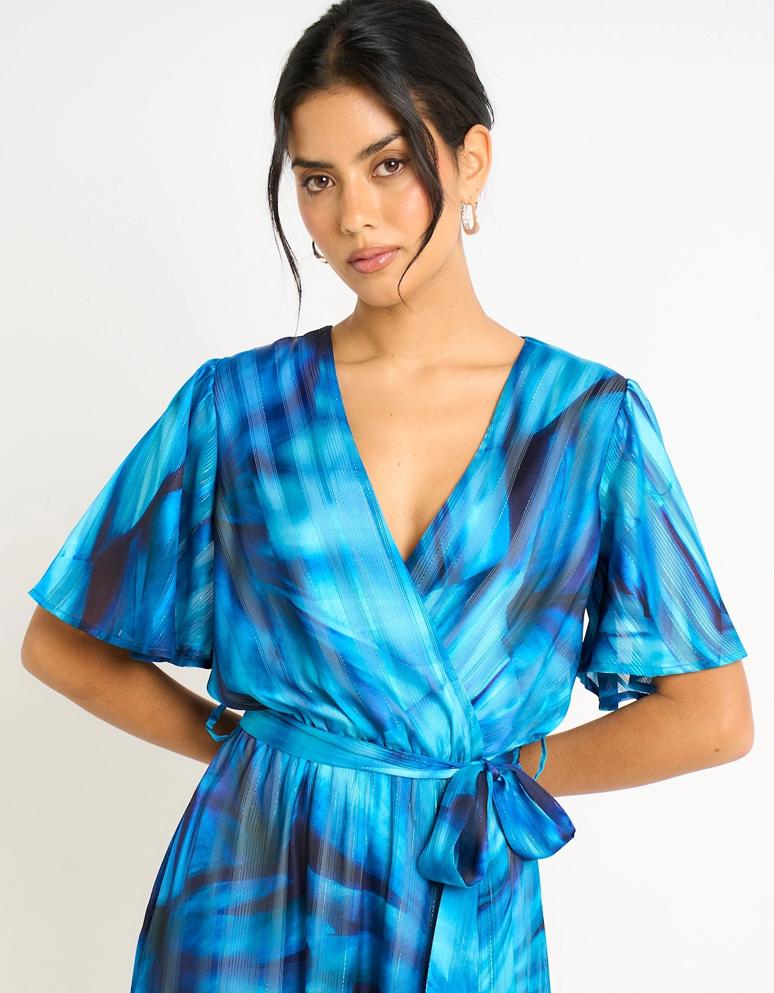 Blue Tie Dye Print Wrap Midi Dress