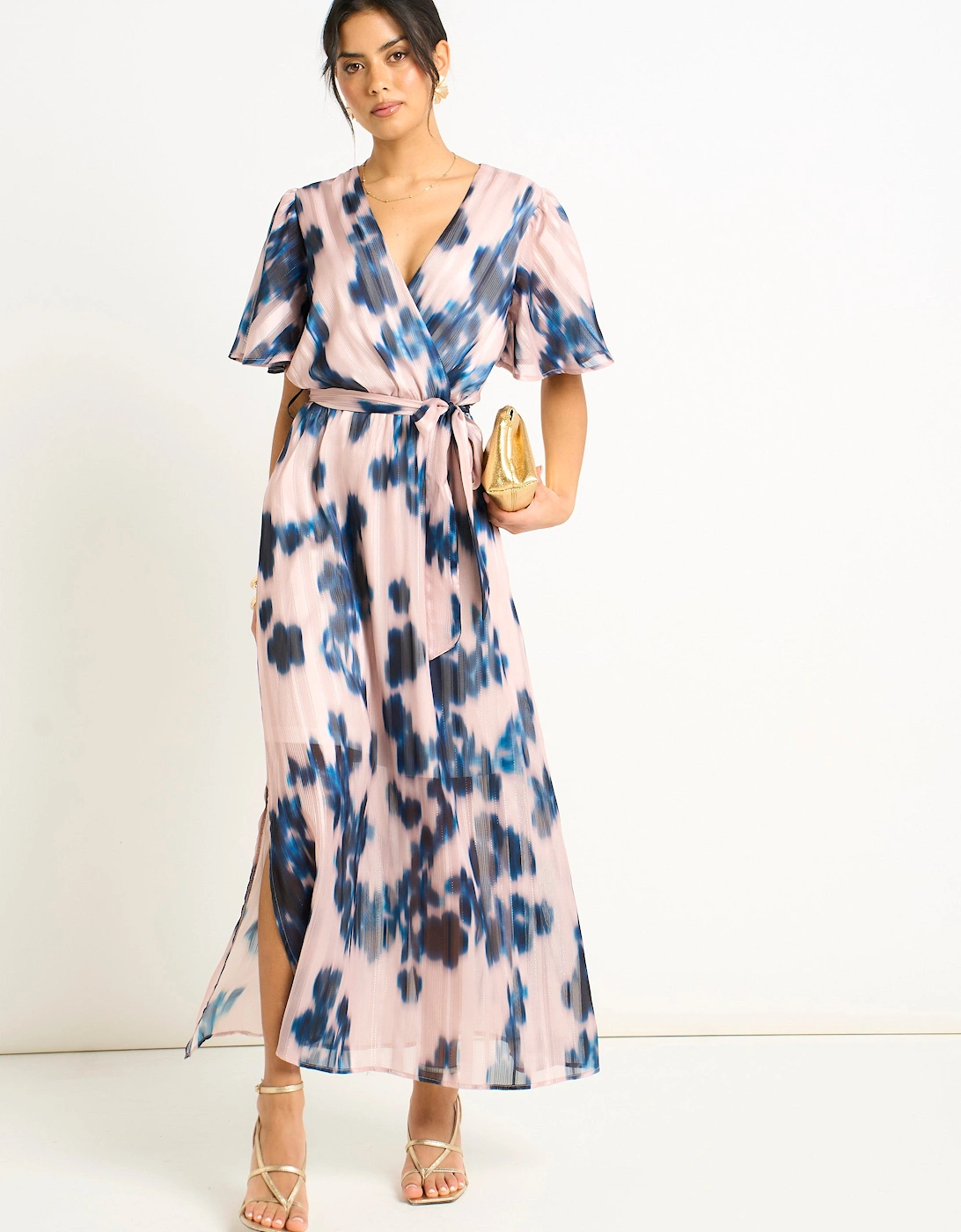 Champagne Blur Print Wrap Midi Dress