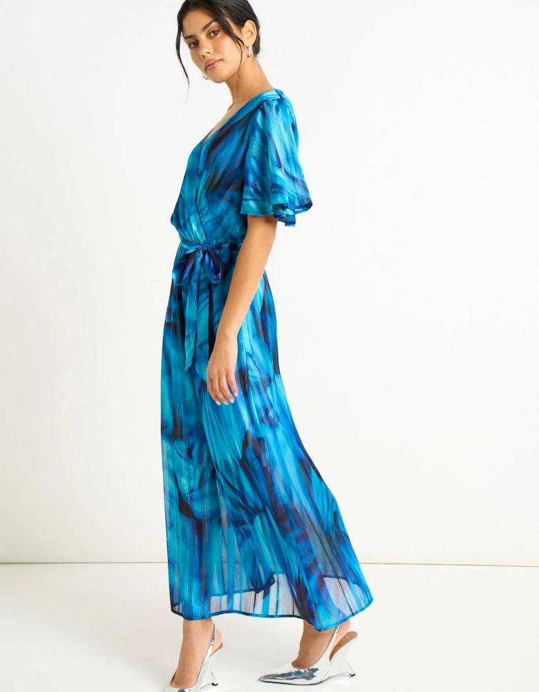 Blue Tie Dye Print Wrap Midi Dress