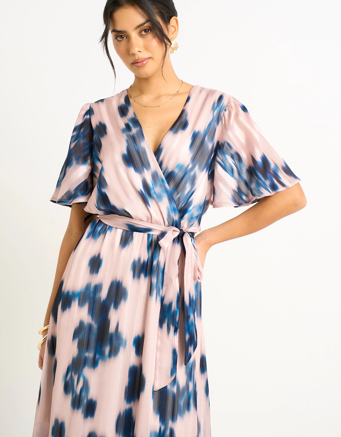 Champagne Blur Print Wrap Midi Dress