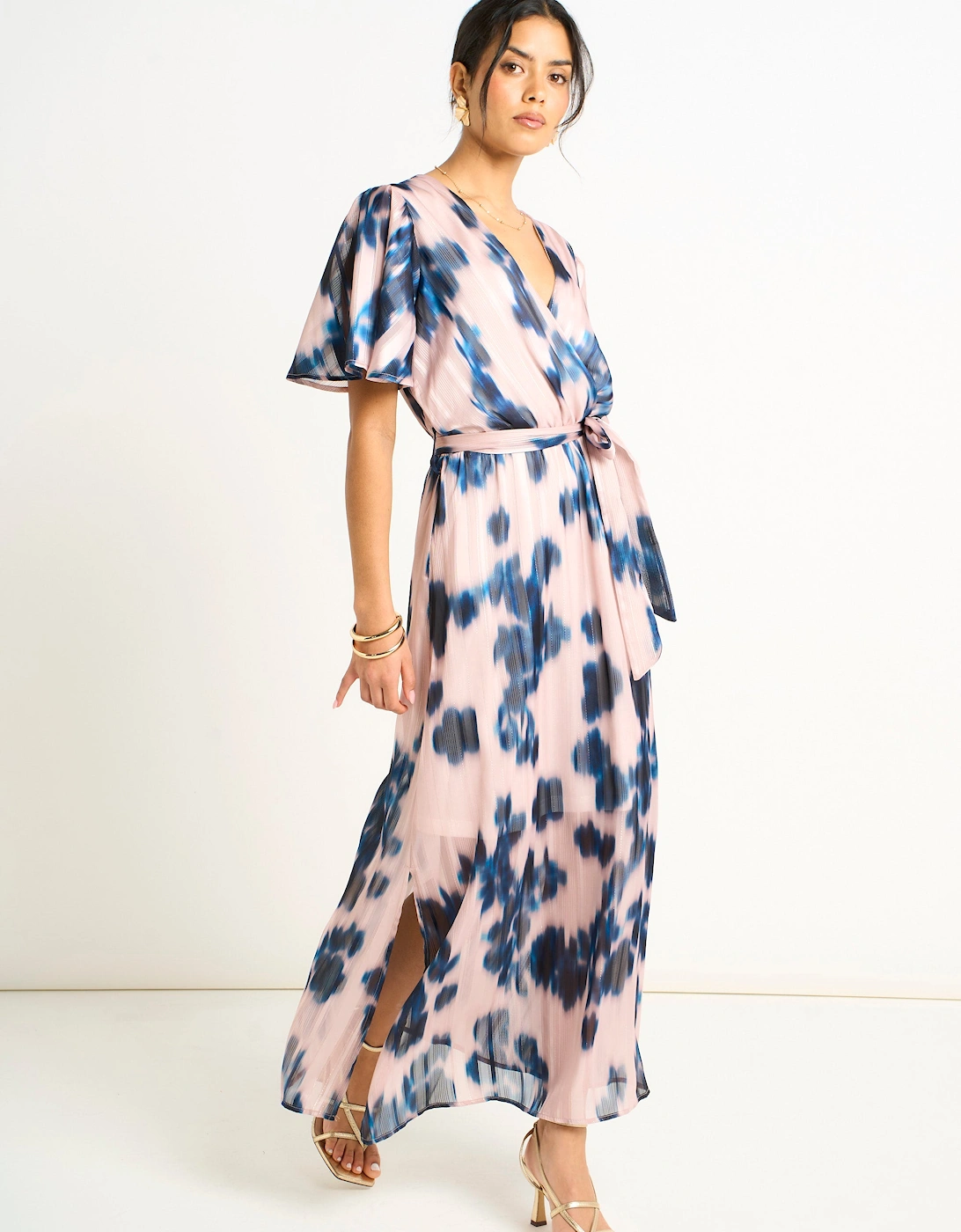 Champagne Blur Print Wrap Midi Dress