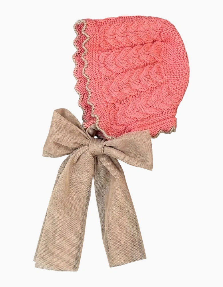 Girls Coral and Camel Knit Tie Bonnet