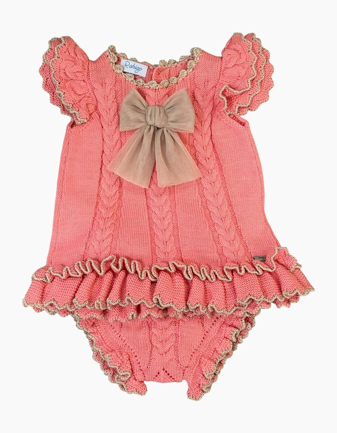 Girls Coral and Camel Knit Dress Set, 3 of 2