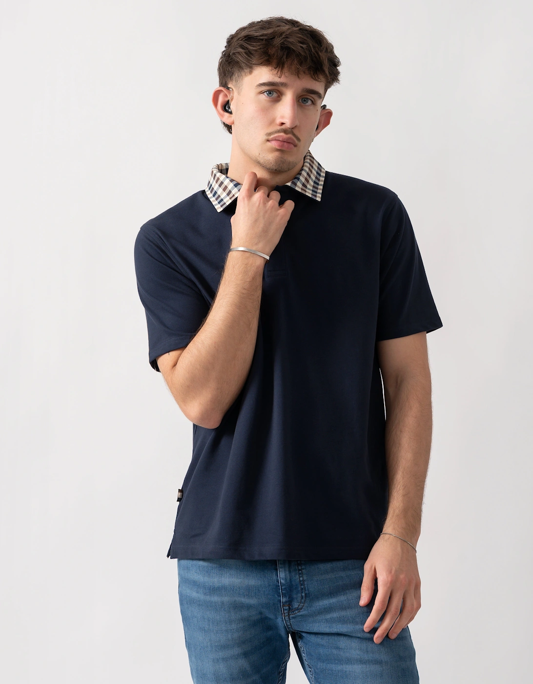 Aquascutum Mens Club Check Collar Polo Shirt - Navy 11, 5 of 4