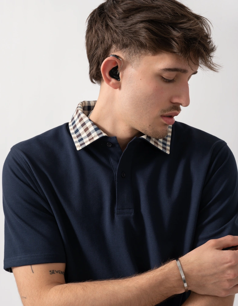 Aquascutum Mens Club Check Collar Polo Shirt - Navy 11