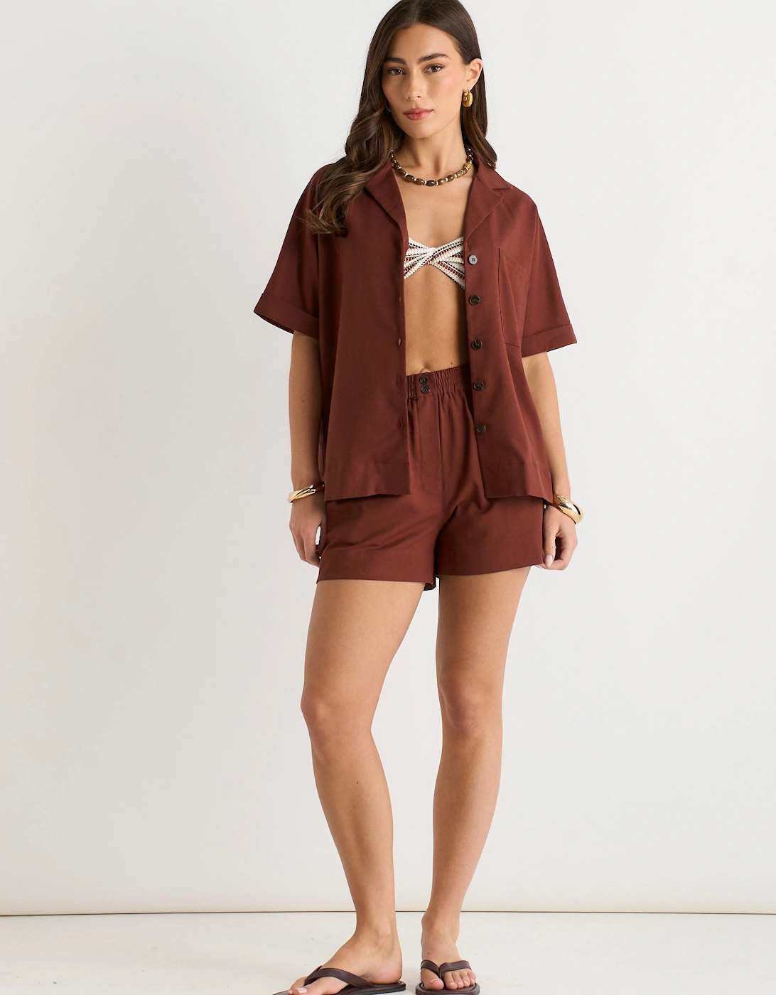 Chocolate Viscose and Linen Blend Oversized Button Through Shirt