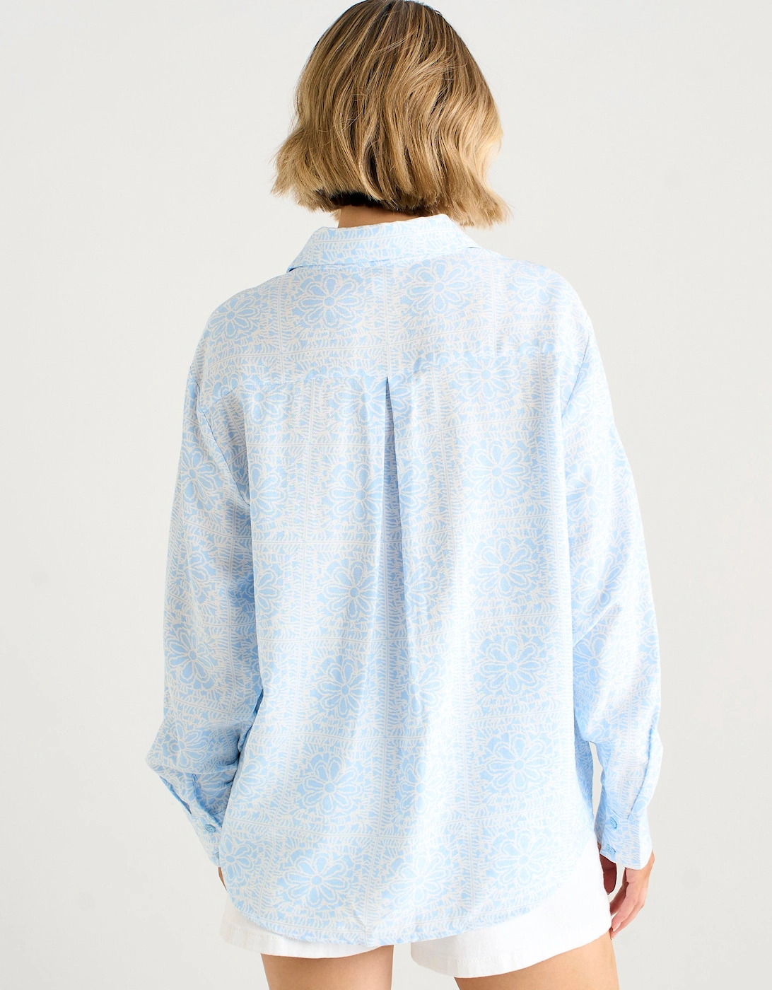 Cotton Mix Blue Tile Print Button-Through Shirt