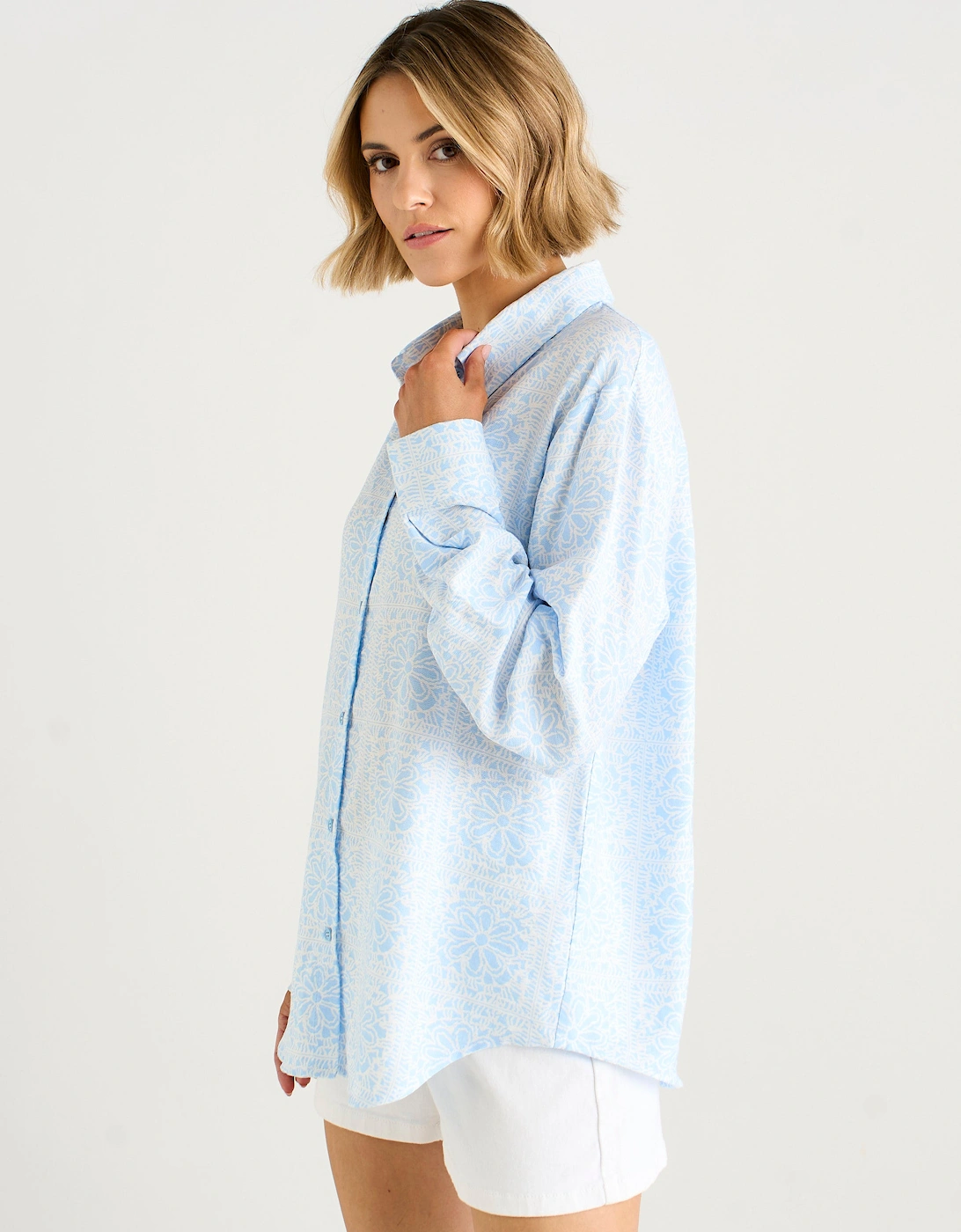 Cotton Mix Blue Tile Print Button-Through Shirt