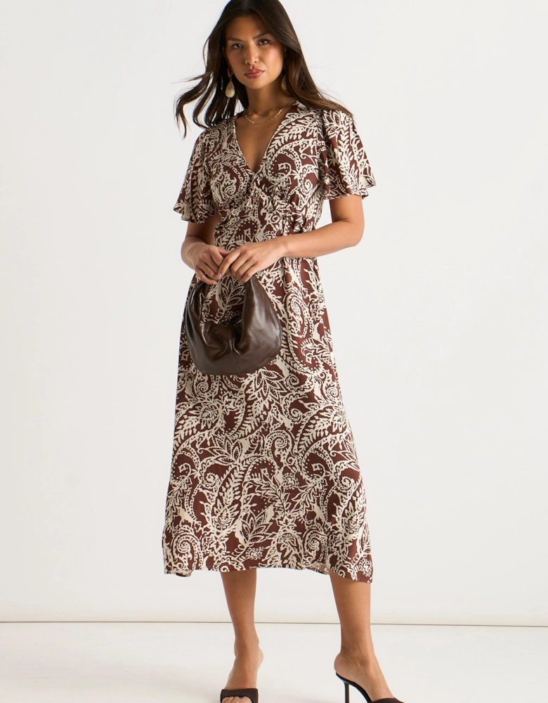 Chocolate Paisley Print Ruffle Midi Dress
