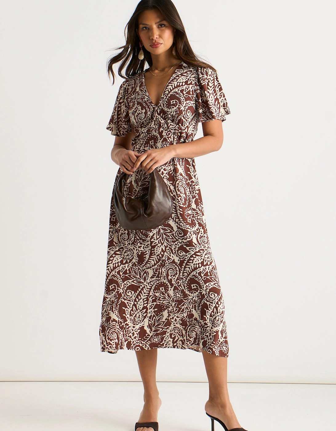 Gini London Women's Chocolate Paisley Print Ruffle Midi Dress - Size 8
