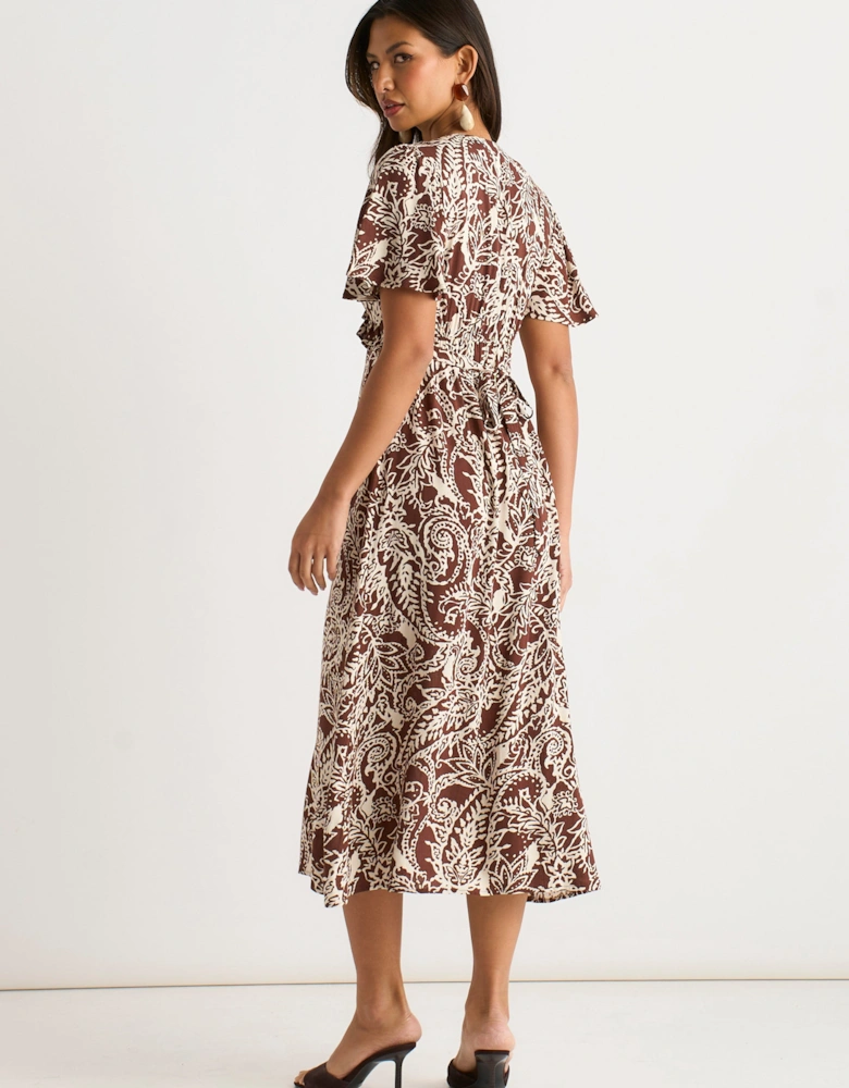 Chocolate Paisley Print Ruffle Midi Dress