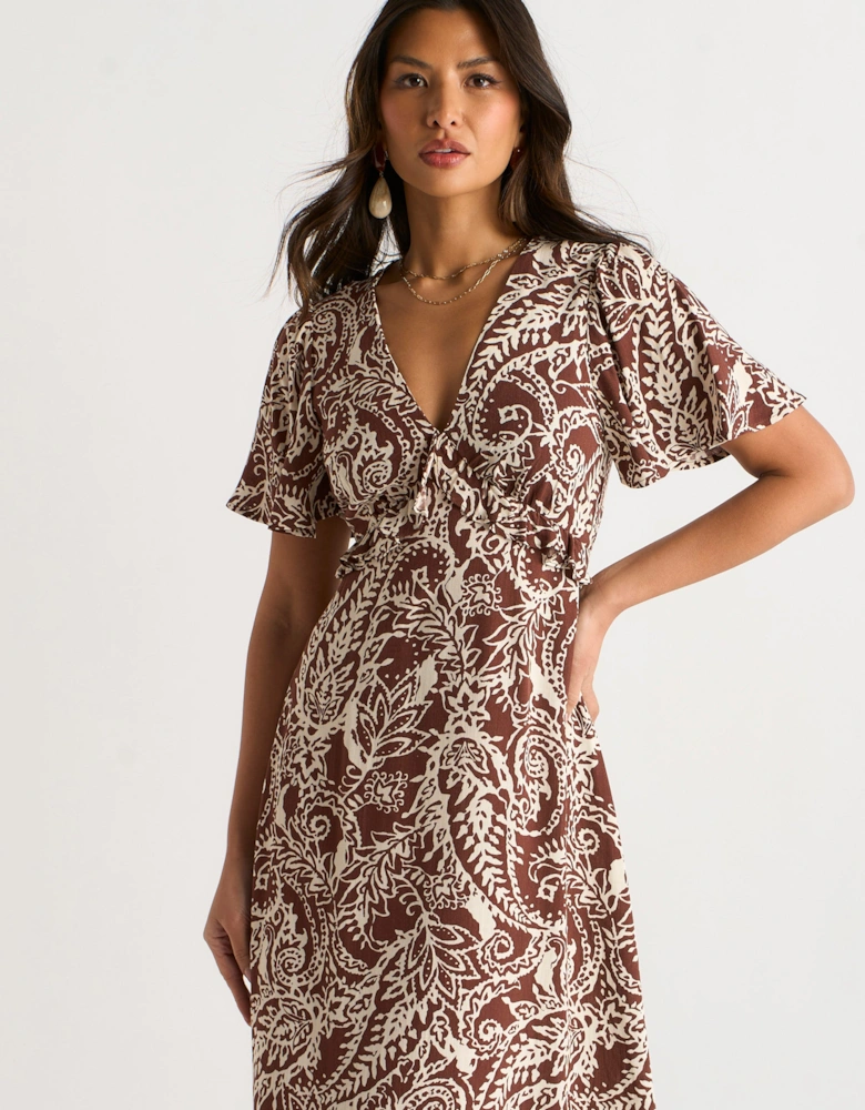 Chocolate Paisley Print Ruffle Midi Dress