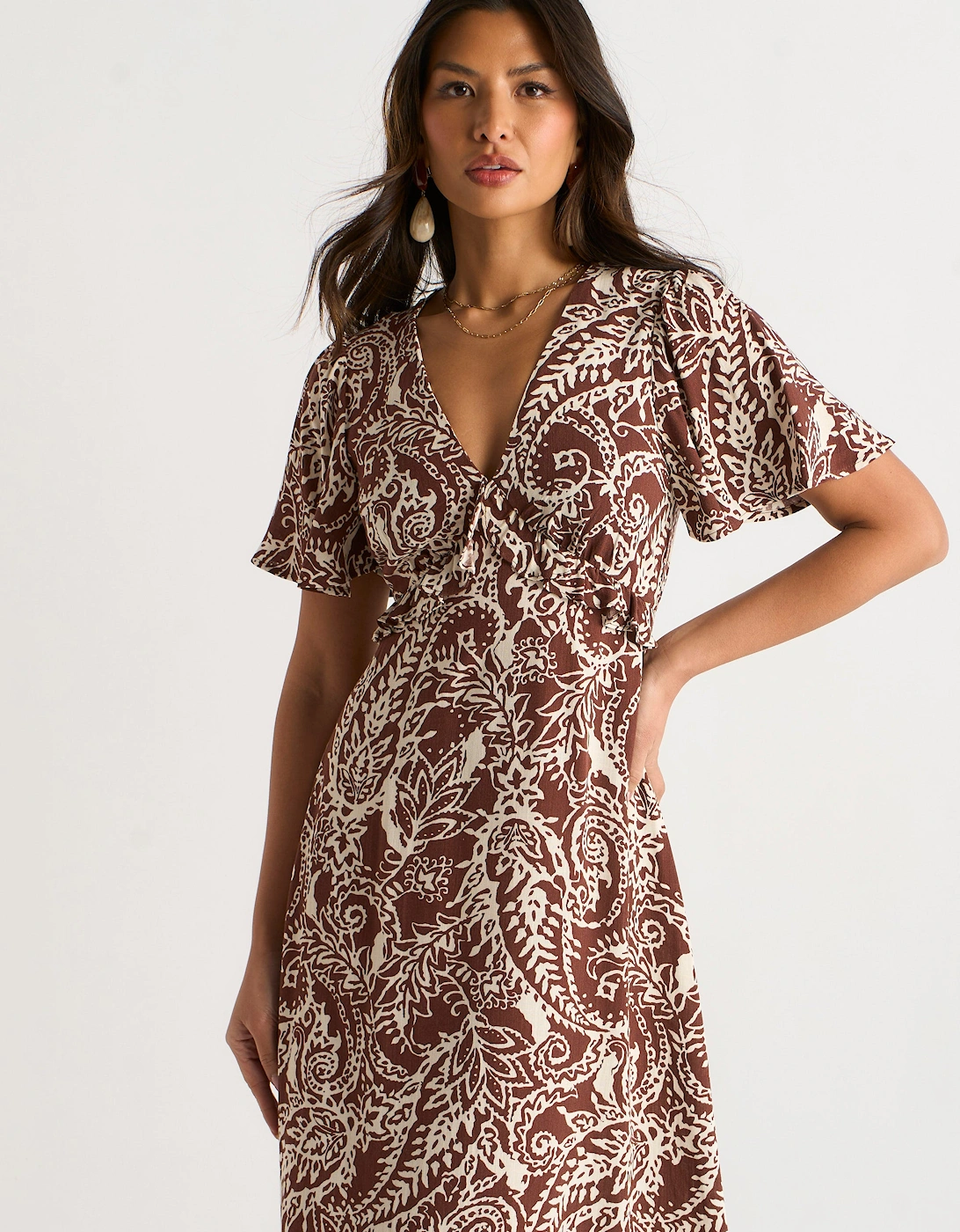 Chocolate Paisley Print Ruffle Midi Dress