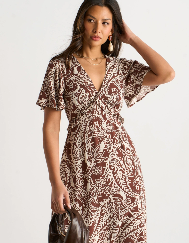 Chocolate Paisley Print Ruffle Midi Dress