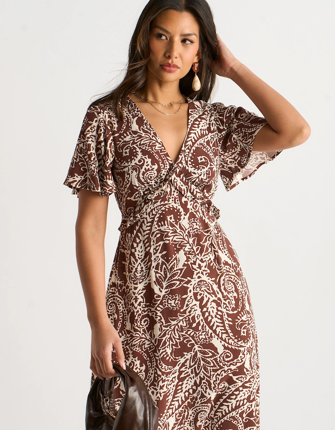 Chocolate Paisley Print Ruffle Midi Dress