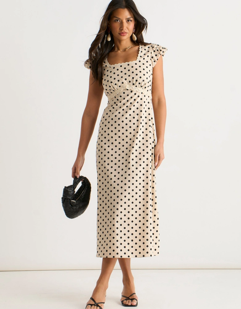 Cream Cotton Spot Print Lace Trim Midi Dress