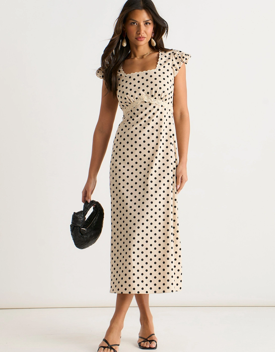 Gini London Women's Tan Cream Cotton Spot Print Lace Trim Midi Dress - Size: 14