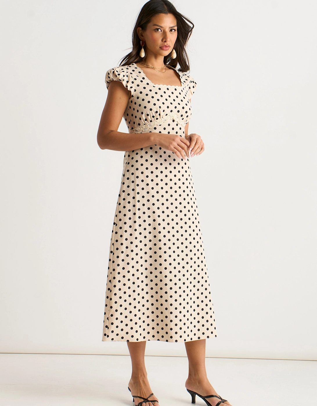 Cream Cotton Spot Print Lace Trim Midi Dress