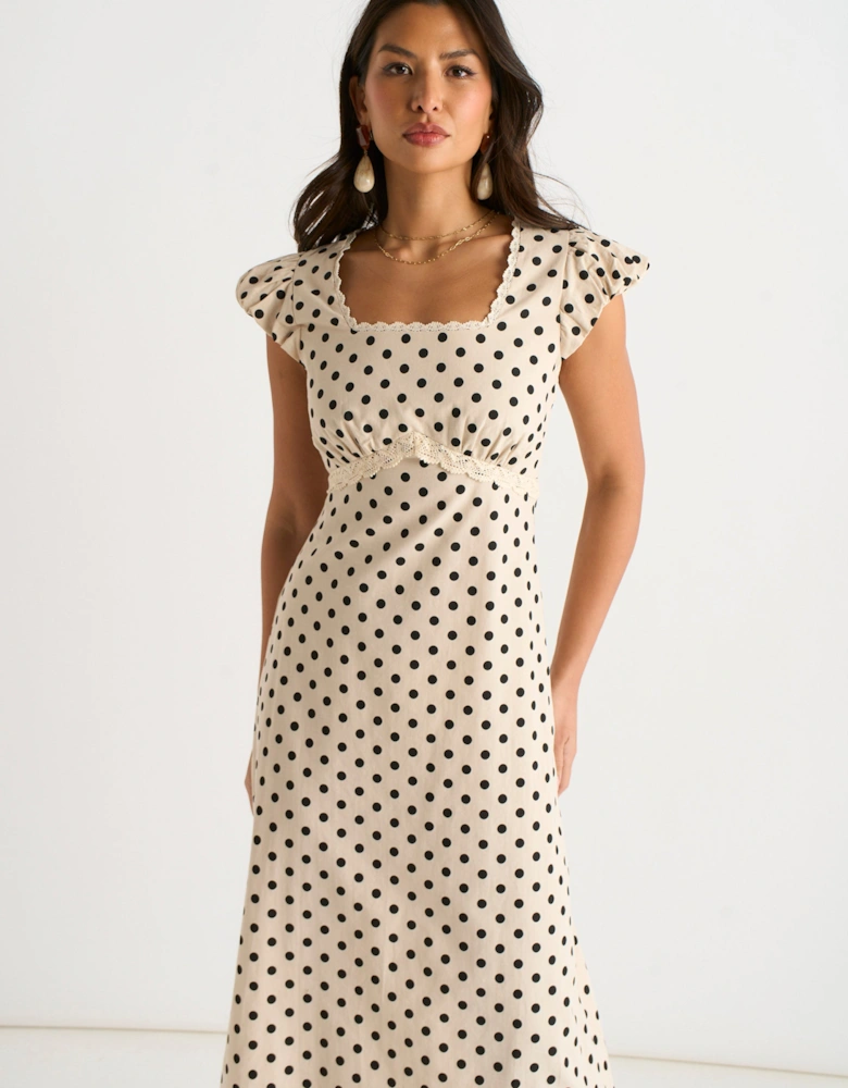 Cream Cotton Spot Print Lace Trim Midi Dress