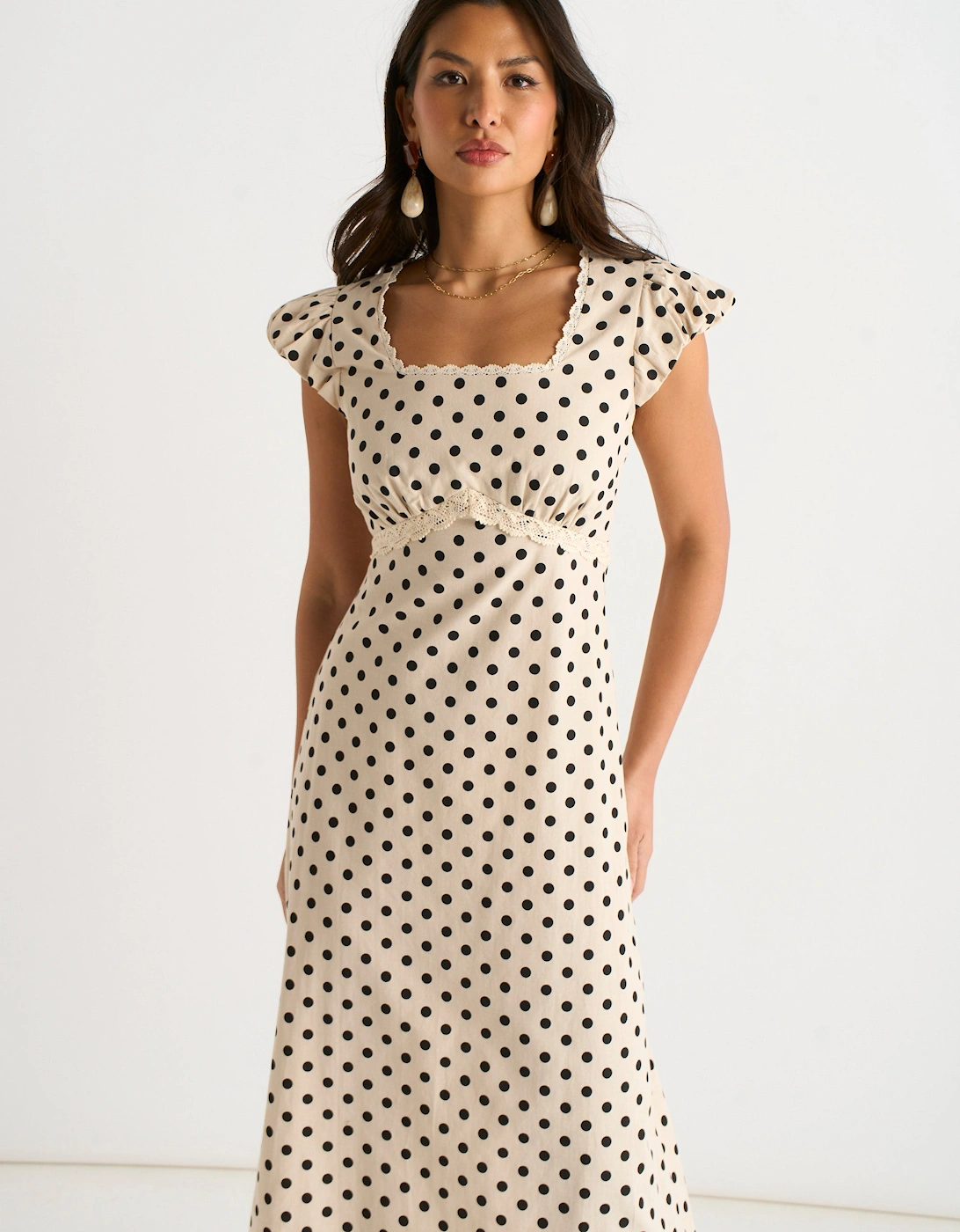 Cream Cotton Spot Print Lace Trim Midi Dress