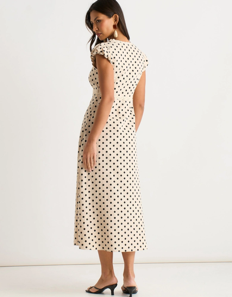 Cream Cotton Spot Print Lace Trim Midi Dress