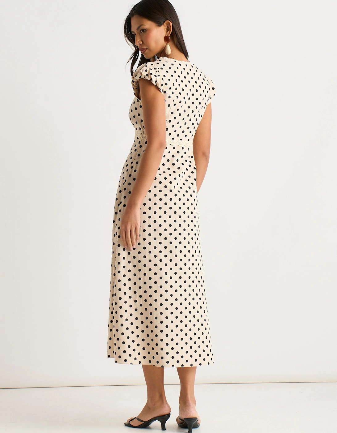 Cream Cotton Spot Print Lace Trim Midi Dress