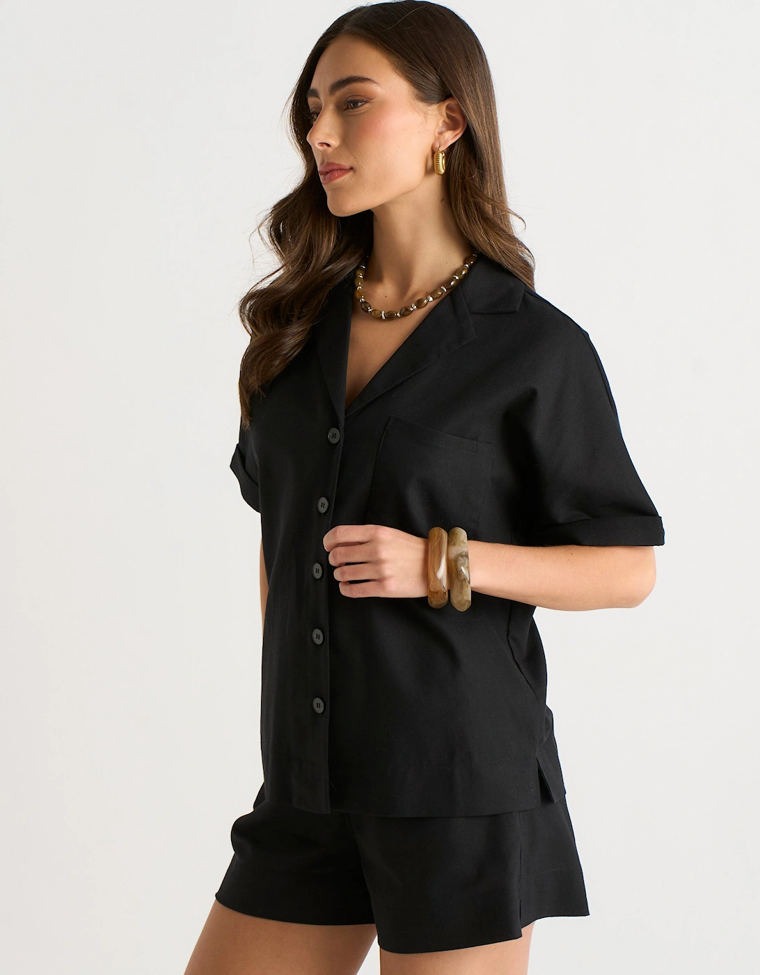 Black Viscose and Linen Blend Oversized Button Through Shirt
