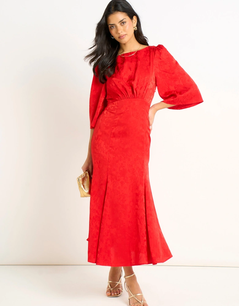 Red Satin Jacquard Midi Dress