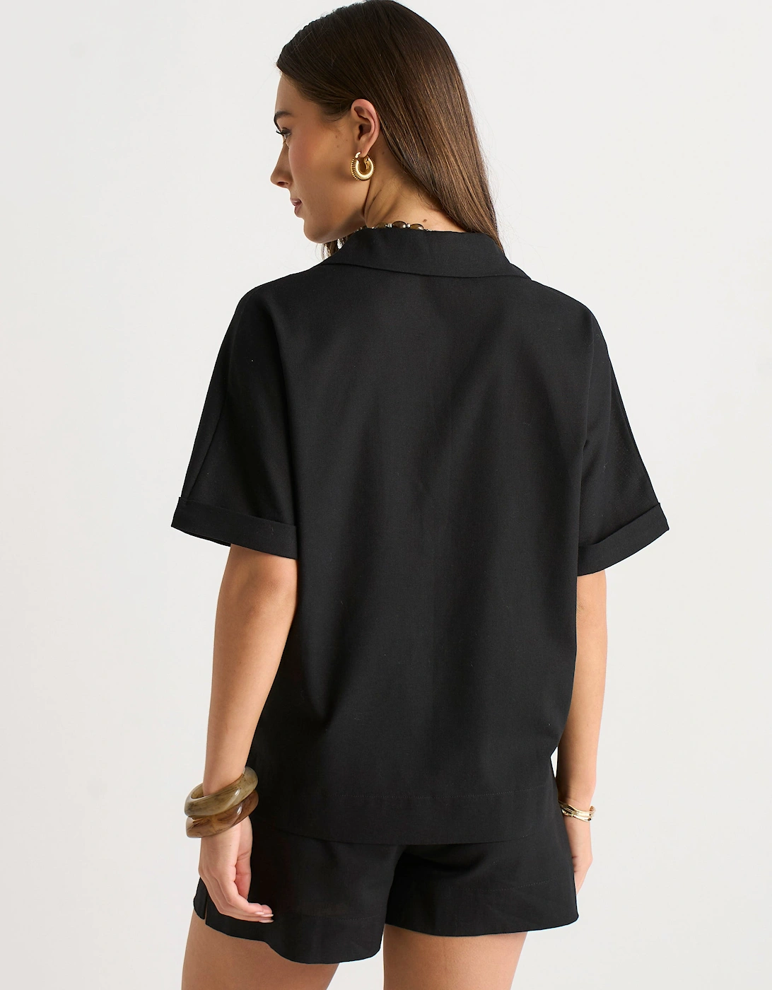 Black Viscose and Linen Blend Oversized Button Through Shirt